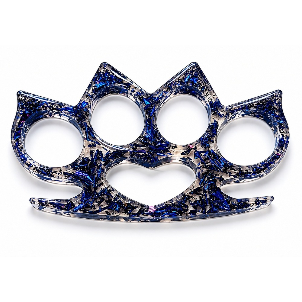 Handmade blue glitter resin kitty knuckle self defense accessory.